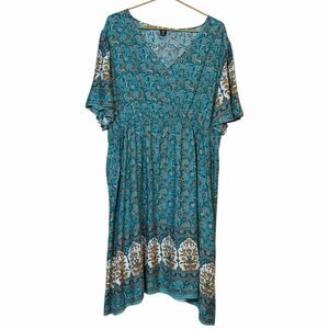 Boho Dress Plus Size 4XL Teal Floral Midi Empire Waist Hippie Casual Cottagecore